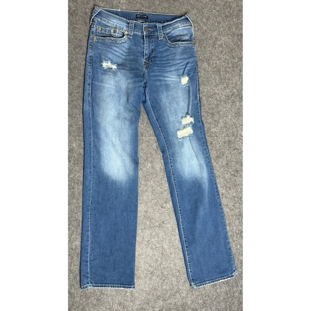 True Religion Ricky Relaxed Straight Distressed Blue Denim Jeans‎ Mens 32